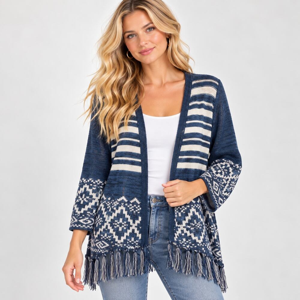 Faded Glory Cardigan Sweater Womens Size XL Blue Tassle Boho Casual Southwestern